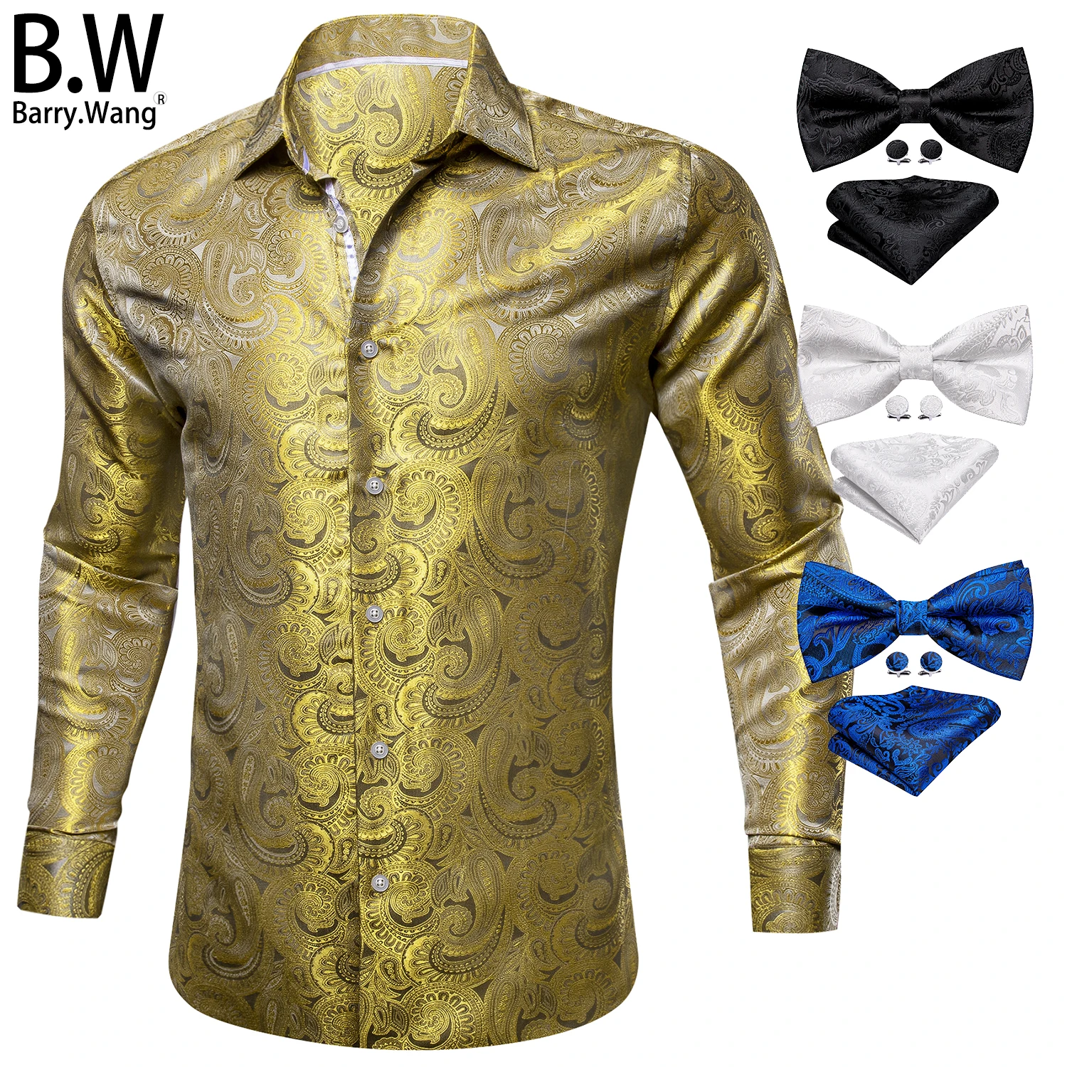 

Barry.Wang Silk Mens Shirts Jacquard Long Sleeve Shirt Bowtie Hanky Cufflinks Formal Casual Male Blouses Wedding Business Prom