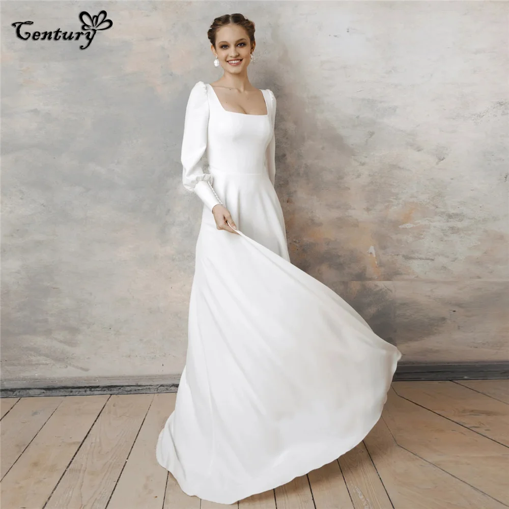 

Bohemian Wedding Dress for Women Long Sleeve Square Neck Backless Floor Length Crepe Simple Bridal Gowns Bride Dresses