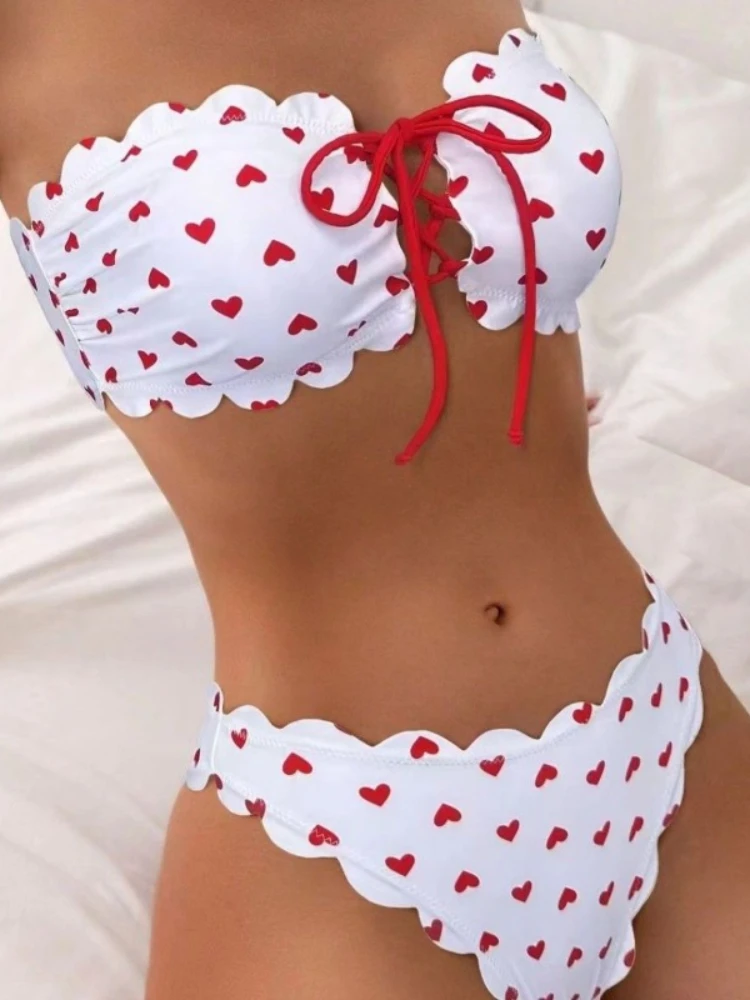 2025 Kawaii Sweet Women's Bikini Set 2 Piece Sets Sexy Vintage Beach Vacation Outifits Suit Print Dot Y2k Swimsuit Design Chic