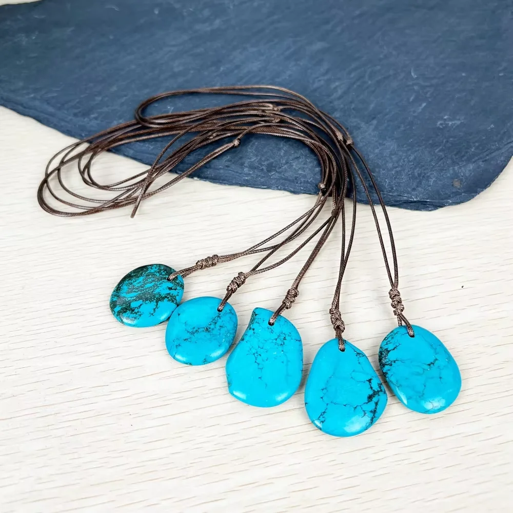 Natural Turquoise Pendant Necklace, Boho Western Leather Choker for Women, Blue Gemstone Jewelry