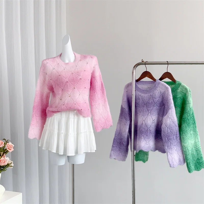 

Autumn New Knitted Sweater Round Neck For Women Gradient Loose Long Sleeve Patchwork Pearls Pullovers Female Fashion Sweat Shirt