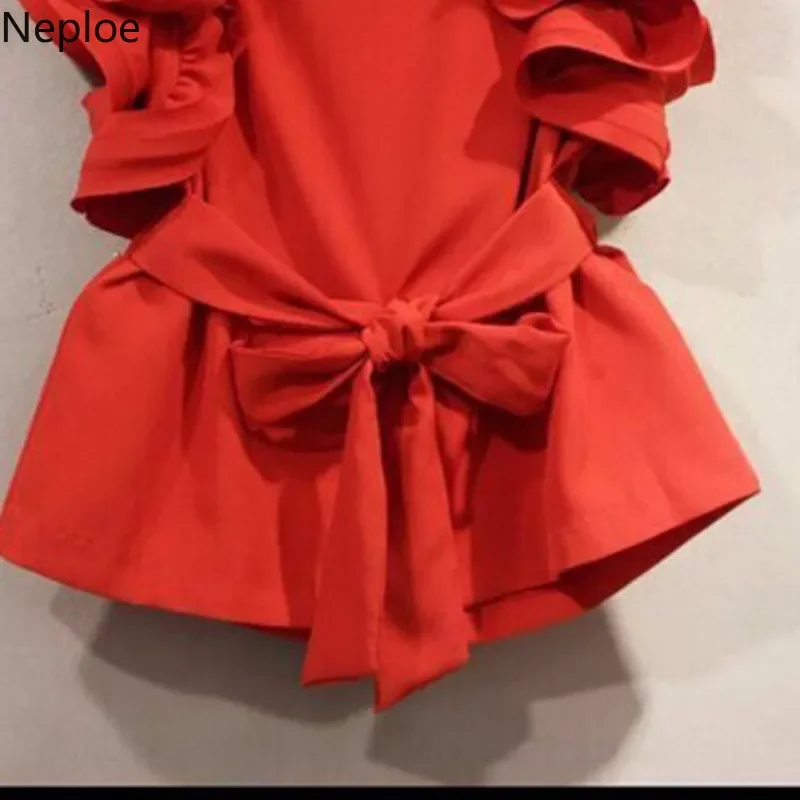 Neploe Sleeveless Ruffles Blouse Korean Sashes Waist-controlled Shirt 2024 Summer Sweet O-neck Solid Color Blusas Tops 43193