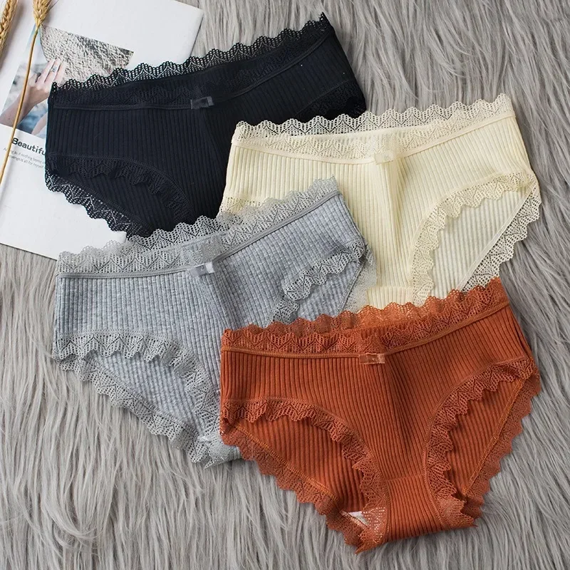 Women Cotton Panties for Women Lace Mid Waist Underwear Threaded Brief Solid Color Skin Friendly Ladies Underpants Breathable