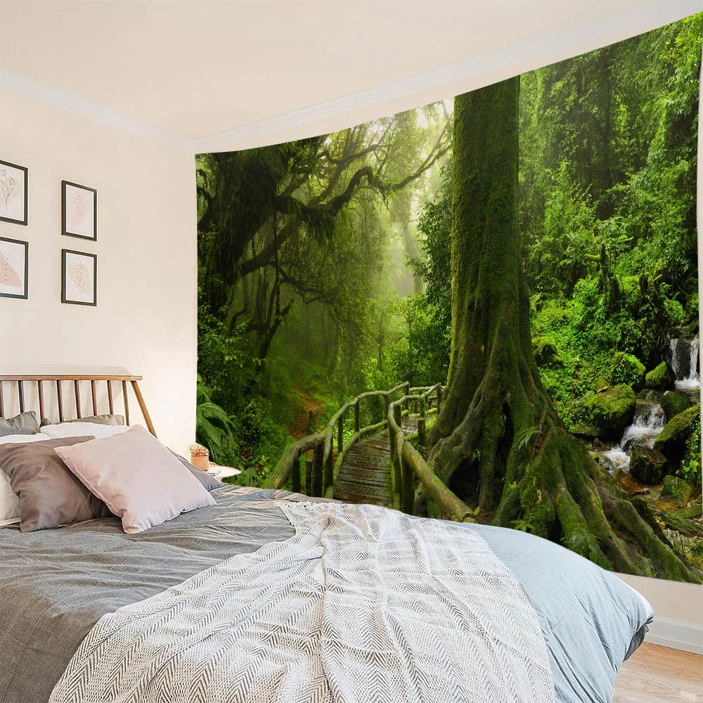 

Green Jungle Landscape Tapestry Wall Hanging, Home Decoration Background Cloth, Camping Tent Mat Bed Sheet Blanket
