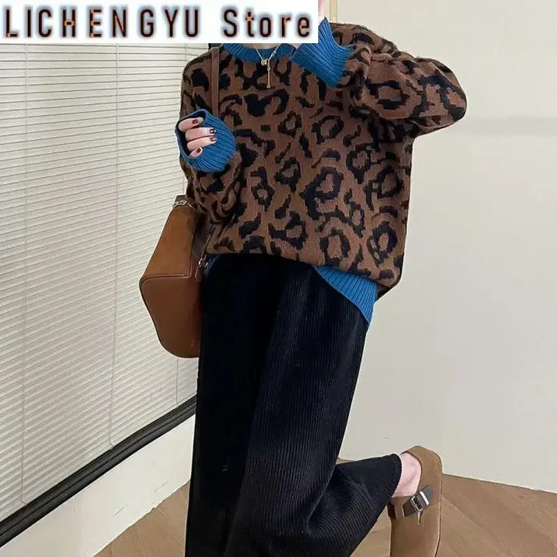 New Autumn/Winter Fashion Lazy Design Sense Leopard Pattern Spliced Round Neck Loose Versatile Western Women's Knitted Sweater