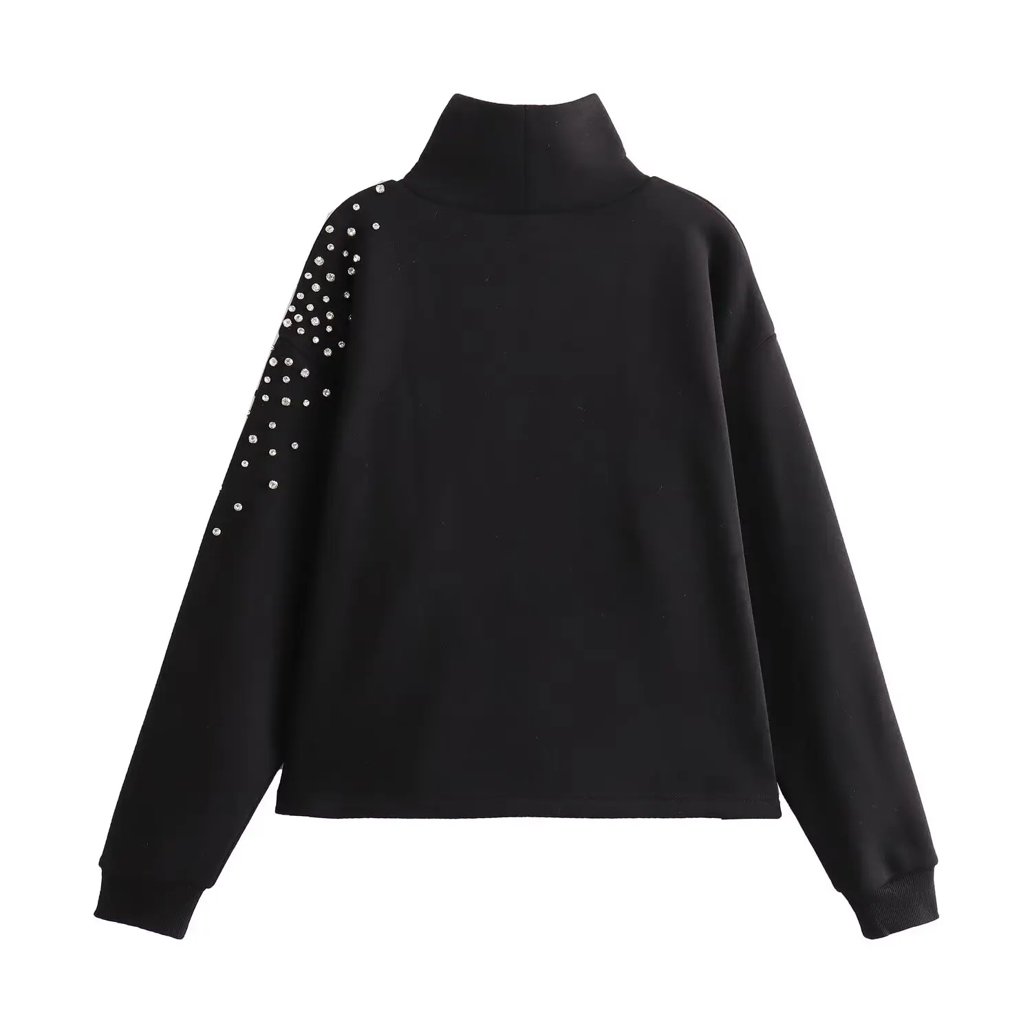 

Dave&Di Fashionable Gemstone Decoration Turtleneck Black Casual Pullover Hoodie Sweater Women Tops