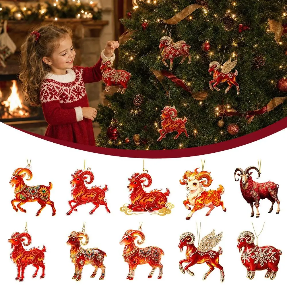 2D Flat Christmas Hanging Pendant New Year Acrylic Car Goat Pendant Red Gold Chinese Zodiac Goat Car Rearview Mirror Keychain