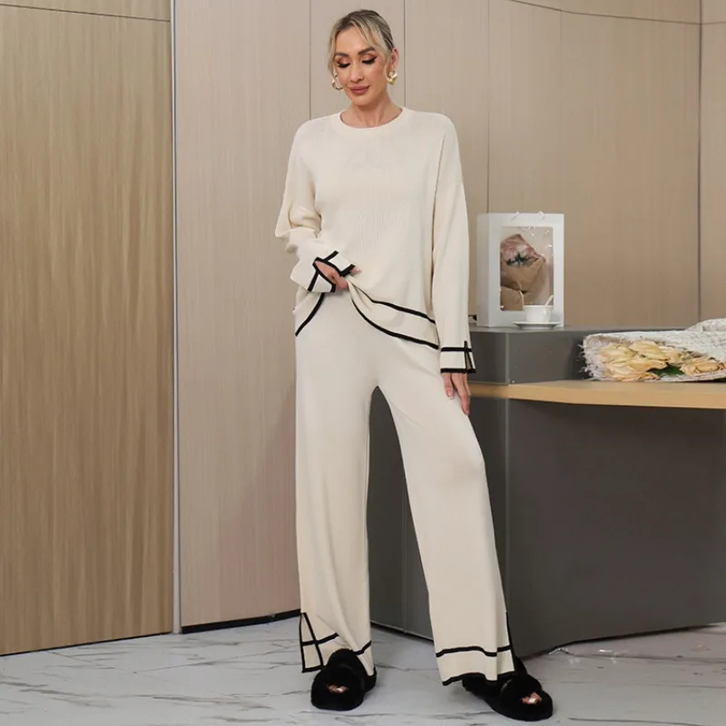 New Knitted Solid Women\'s Tracksuit Patchwork O-neck Split Long Sleeve Jumper Sweater + High Waist Wide Leg Pants 2 Piece Sets