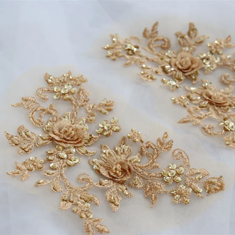 1Pair Multicolor DIY Handmade Beaded Mirror Lace Flower Applique.Patch.Wedding Dress Accessories Lace Mending Clothes 23*14CM