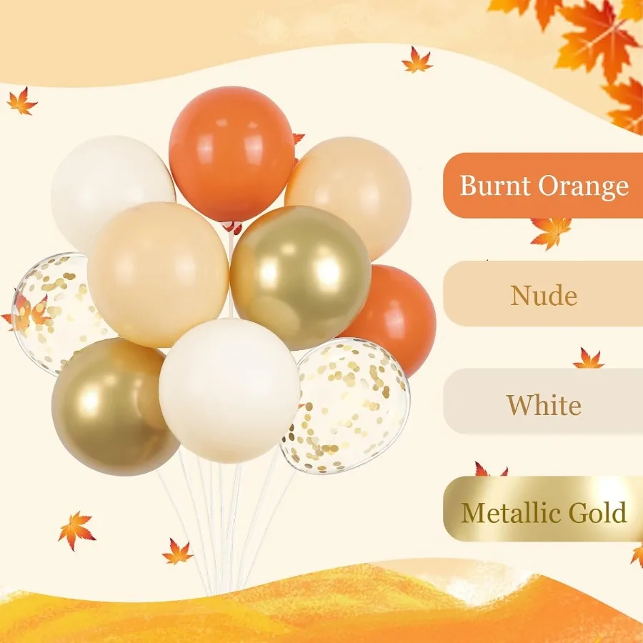 Palloncini autunnali da 60 pezzi da 12 pollici con coriandoli in oro metallizzato bianco nudo arancione bruciato per il compleanno autunnale del Ringraziamento Piccolo