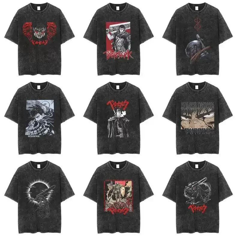 

Jianfeng Legend Branded Warrior Berserk American Retro Washed Old Printed Short-sleeved T-shirt Men's Trendy High Street