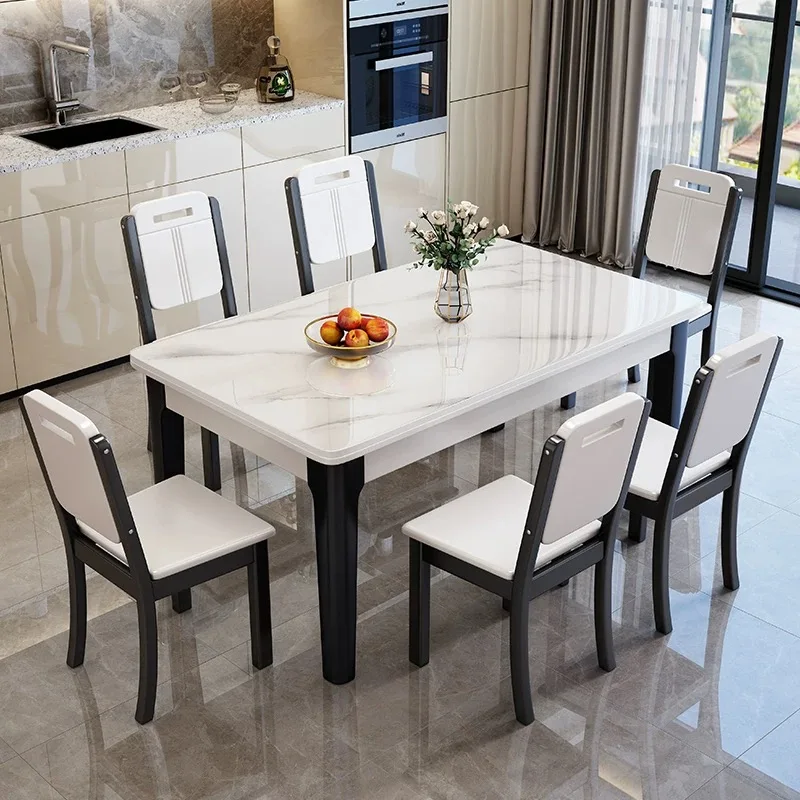 Modern Extendable Dining Table Rectangular Sintered Stone Top Expanding Table for 6 Person Home Kitchen Dining Room Furniture