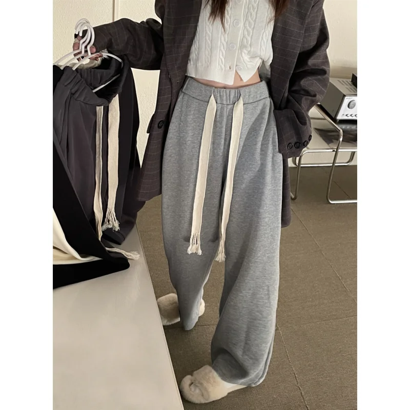 

Black Solid Elastic Waist Women's Pants Grey Drawstring Vintage Straight Slim Fit Fashion Autumn Bottoms 2023 Wide Leg Trouser