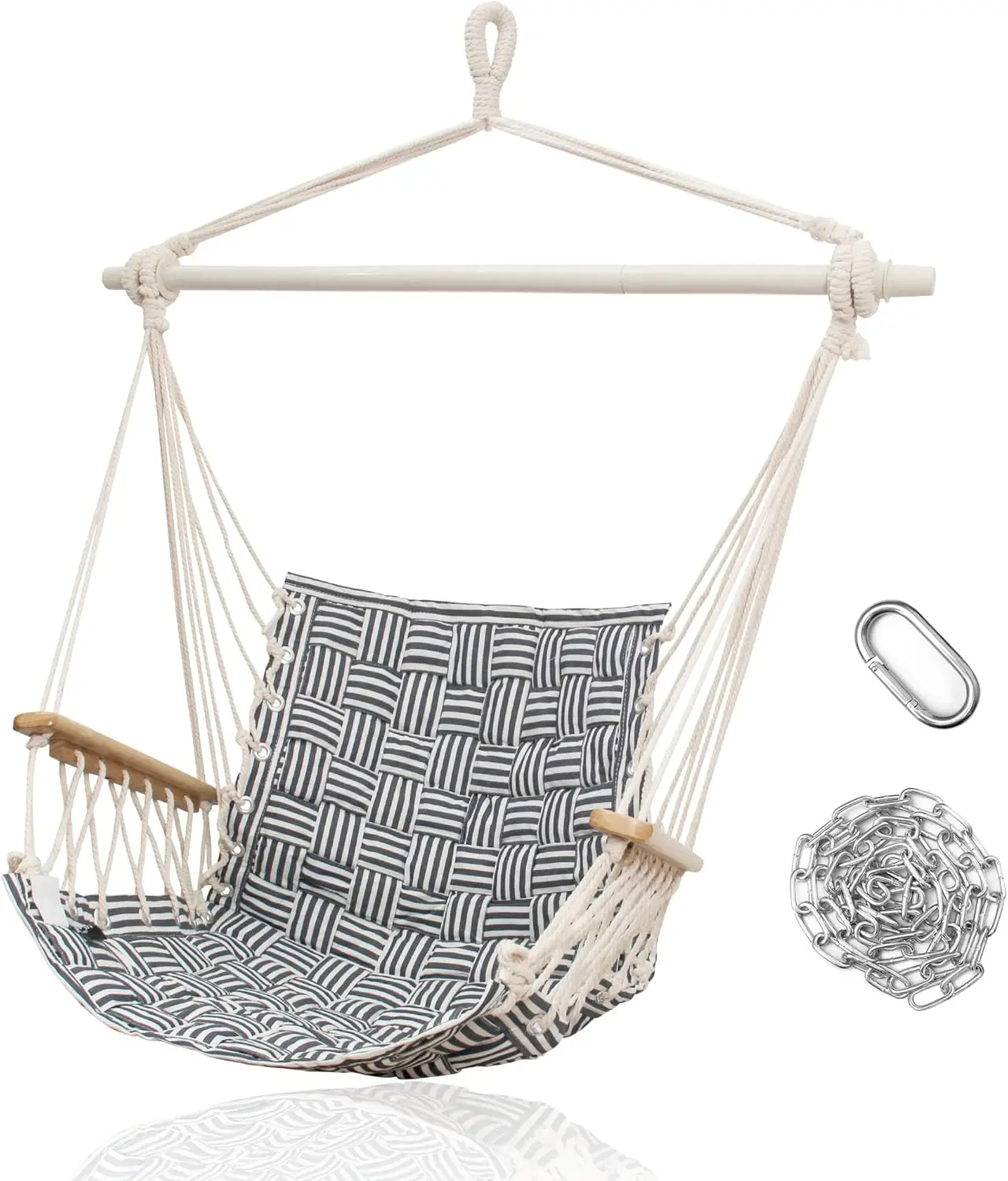 

Hammo Chair Hanging Swing With Wooden Armrests;Steel Spreader Bar And Anti-Slip Rings;Cotton Woven Fabric;Up To 300 Lbs For