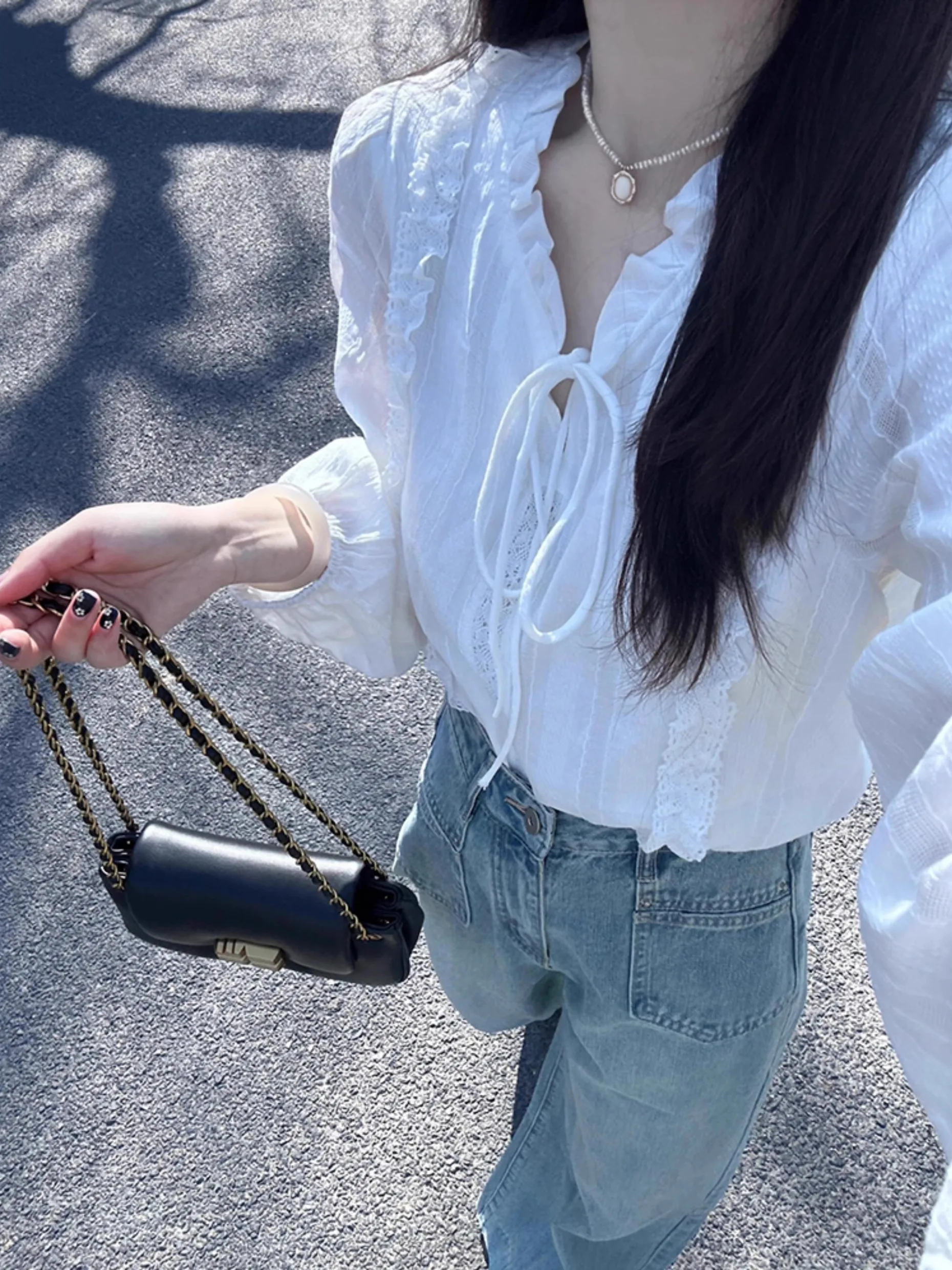 

Белая женская блузка Ele с вышивкой и кружевом, весенняя, уникальная, элегантная, с завязками на талии, прямого кроя, с длинными рукавами