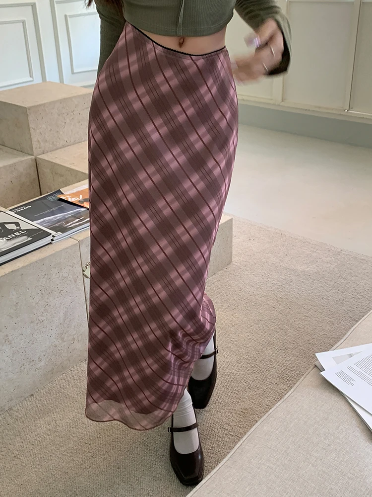 Retro Fashion Popular 2026 Summer New Pink Mesh Plaid Long Skirt Women's High Waist Elegant Vacation Versatile Hip Skirt Streets
