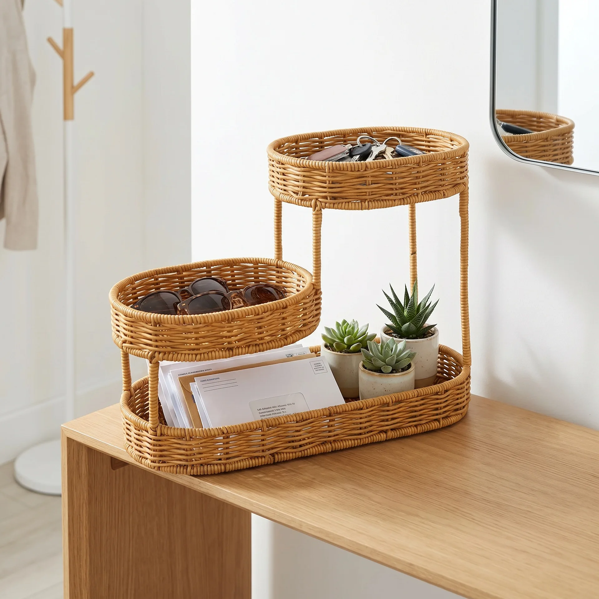 Woven rattan bathroom handwashing countertop storage rack, light luxury kitchen desktop makeup supplies three-tier