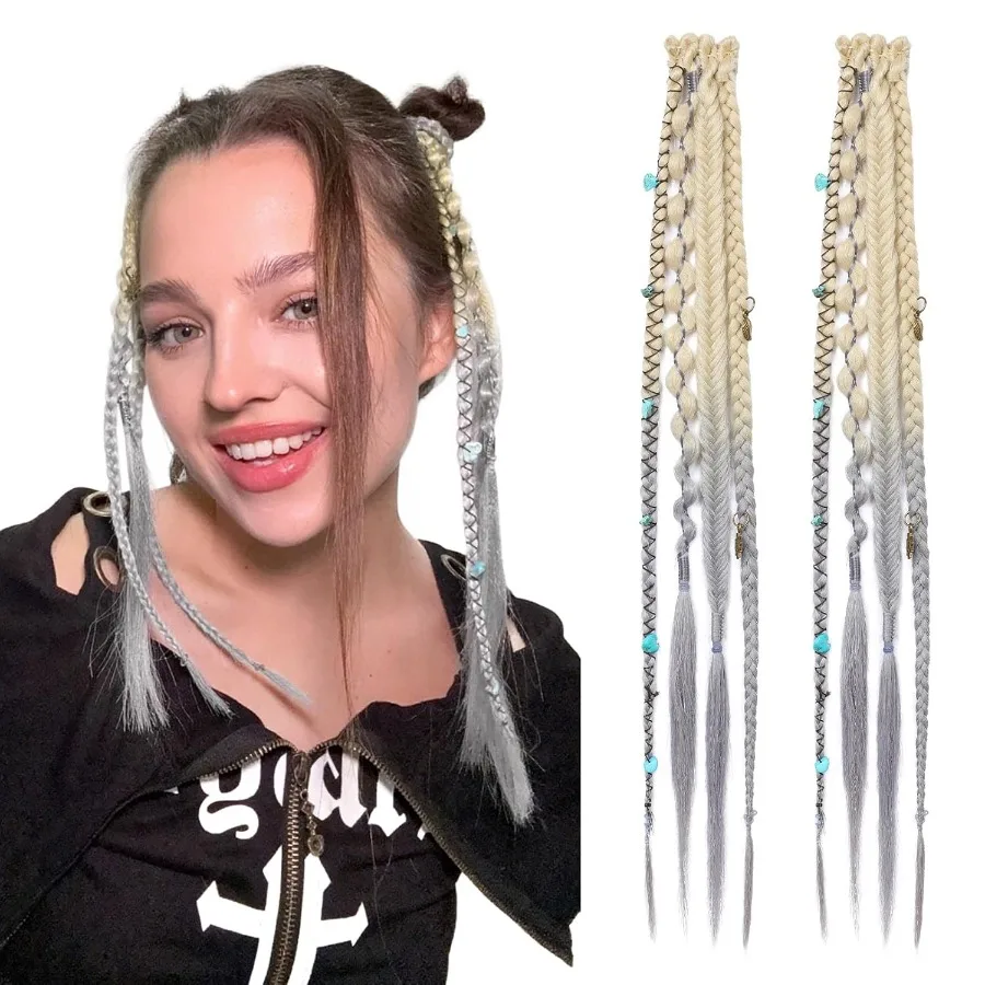 Clip in Braid Hair Extensions for Women 16 Boho Dreadlock Clip in Braids with Beads Charms 2PCS Handmade Synthetic Braided Hair