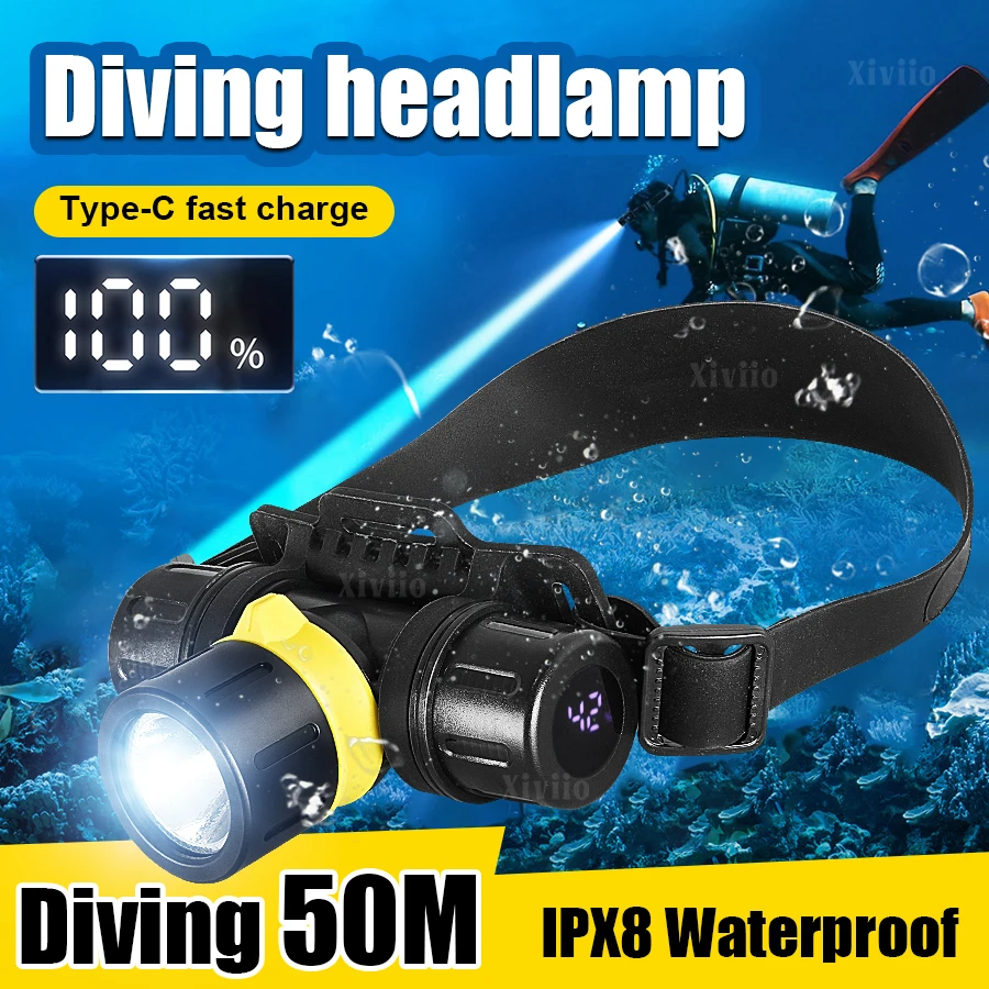 

Новейшая фара для дайвинга, профессиональный подводный фонарь для дайвинга, 50 м, перезаряжаемый подводный прожектор, IPX8, водонепроницаемый налобный фонарь, светильник для подводного плавания, подводное освещение