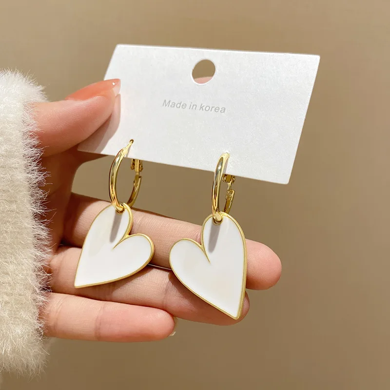 Elegant Heart Dangle Drop Earrings for Women White Red Color Pattern Graffiti Drip Oil Gold Loop Earrings Love Gifts Jewelry