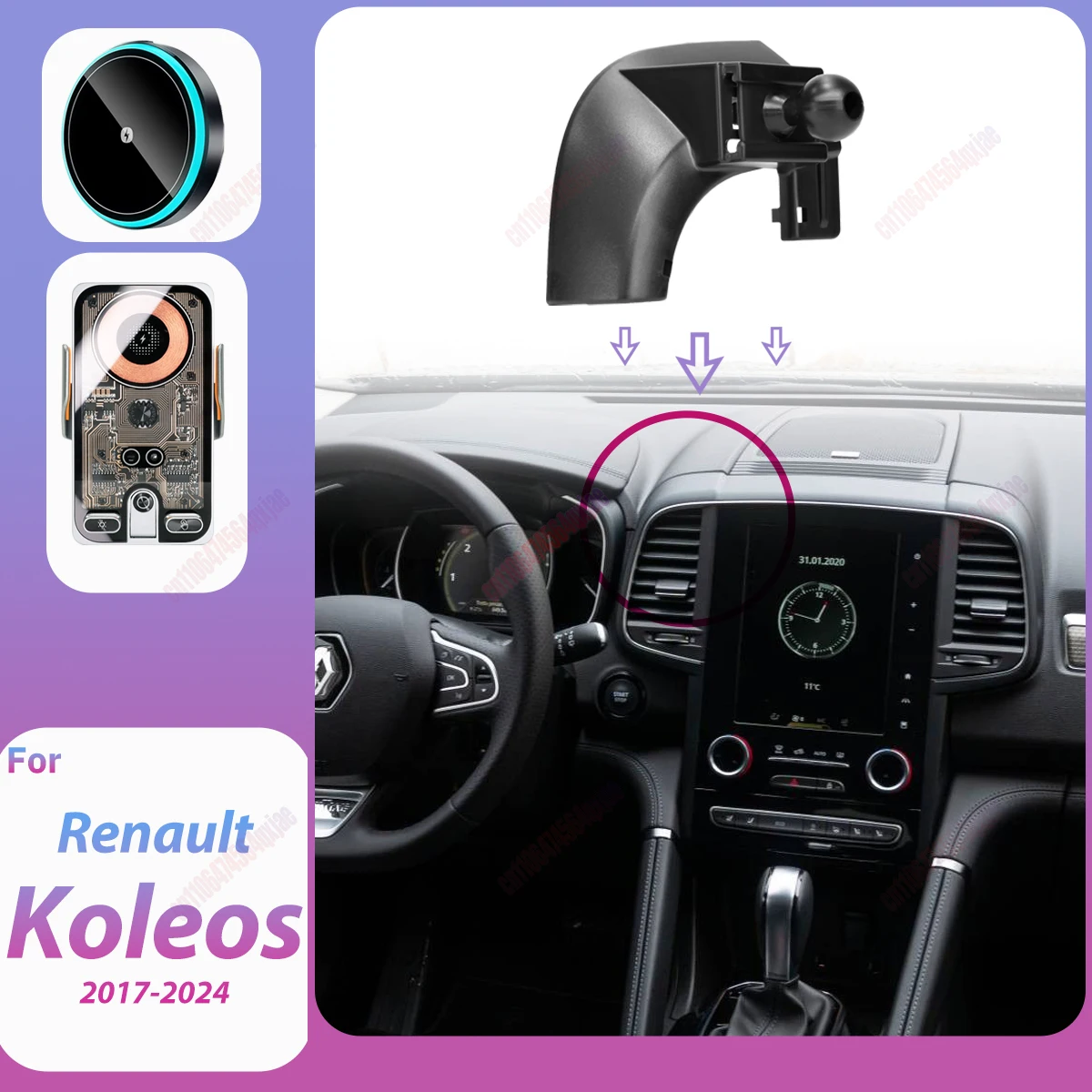 Carregador Magnético Sem Fio para Renault Koleos 2017-2023 2024, Suporte para Telefone com Ventilação, Carregamento Rápido