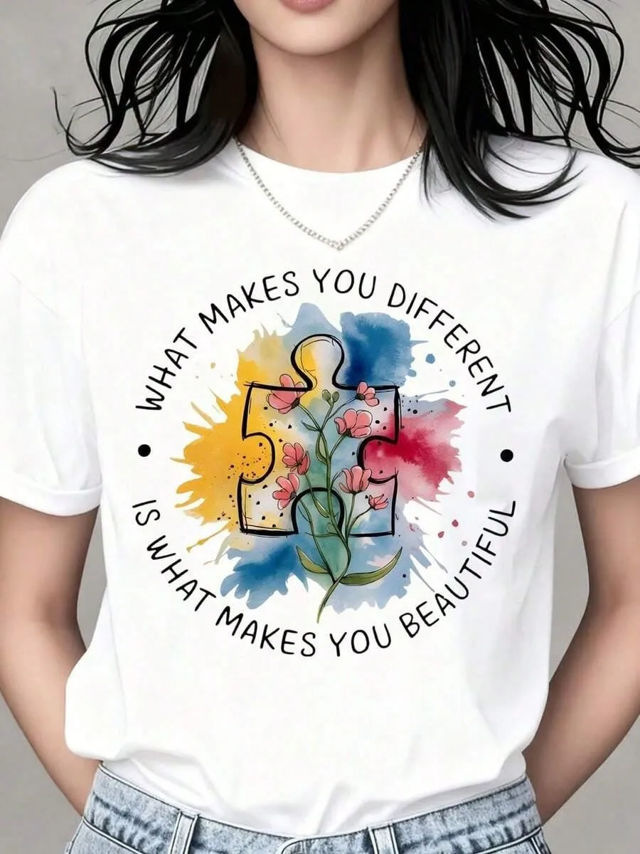 Womens Graphic Tshirt Unique Puzzle Flower Artwork Positive Message Casual Outfit Creative Design Trendy Streetwear Top Style