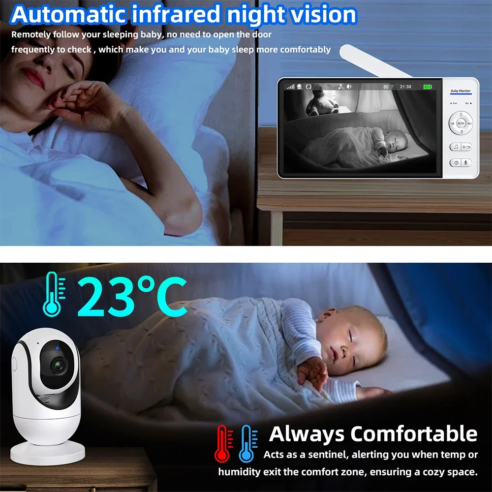 7 Inch Video Baby Monitor Night Vision No WiFi 4X Zoom Temperature Monitoring Two Way Audio Talk Baby Nanny Security PTZ Camera view 3