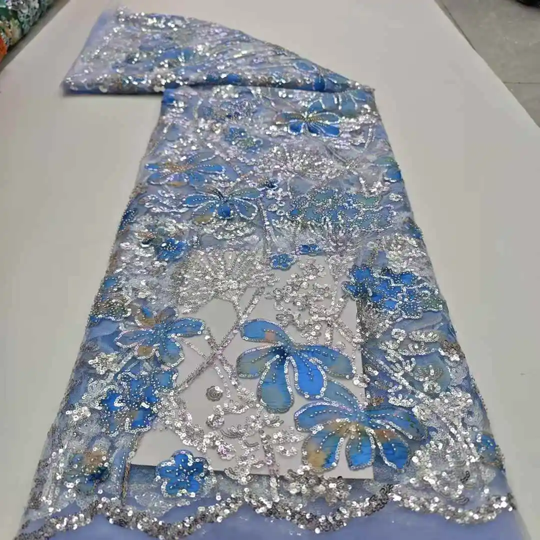 Luxury African Sequins Beaded Lace Fabric 2025 High Quality Groom Nigerian Wedding Bridal Embroidery French Tulle Sewing