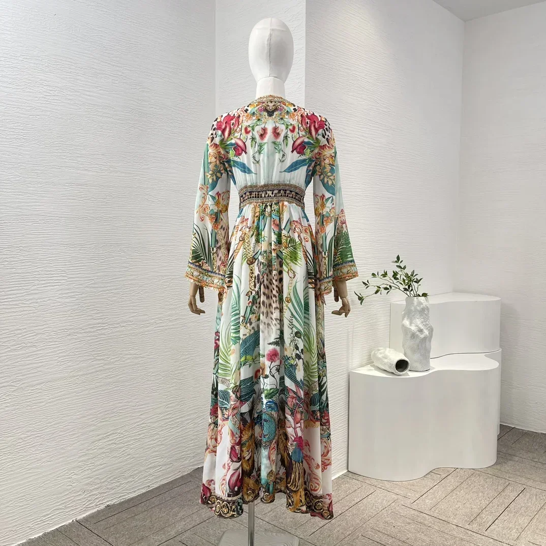 Green Multicolor Silk High Quality 2024 New Collection Floral Position Print Long Sleeve V-Neck Diamonds Women Midi Dresses