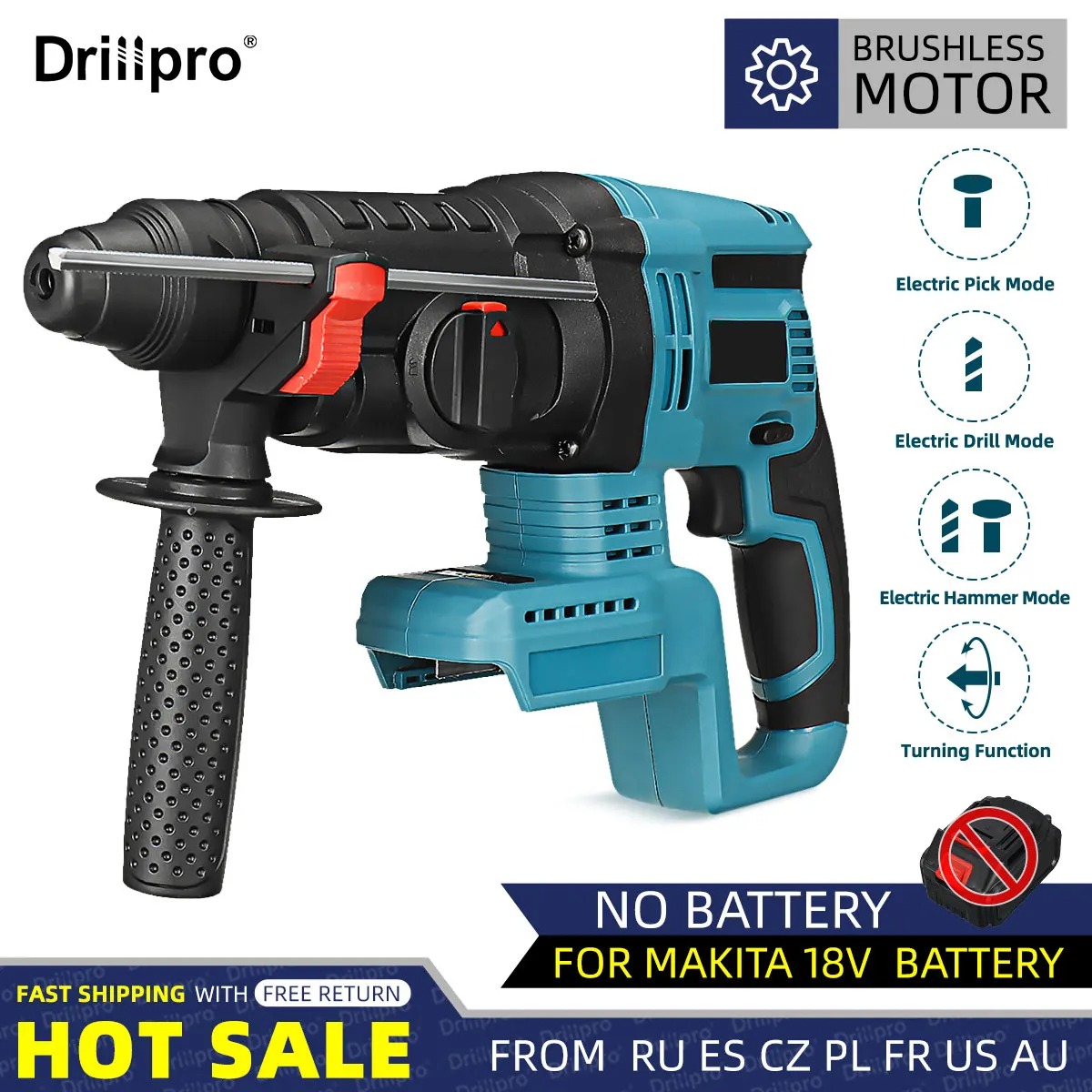 Drillpro-brushless Cordless Elétrica Rotary Hammer Drill Broca de Impacto Recarregável para 18v Makita Bateria Funções 26 mm
