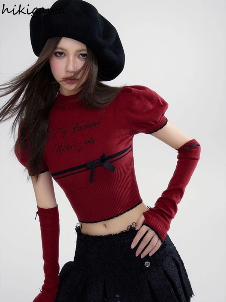 Sweet Pullovers Women Clothing Half High Collar Puff Sleeve Bow Jumper Pull Femme Fashion Knit Letter Cropped Sweater Y2k Tops