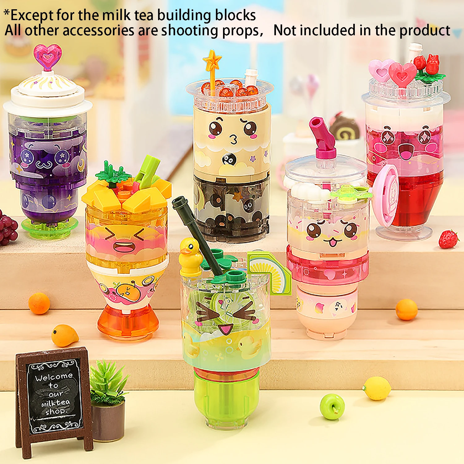 Milk tea set of building blocks, one box with six contents, desktop small ornament gift, simulated milk tea model