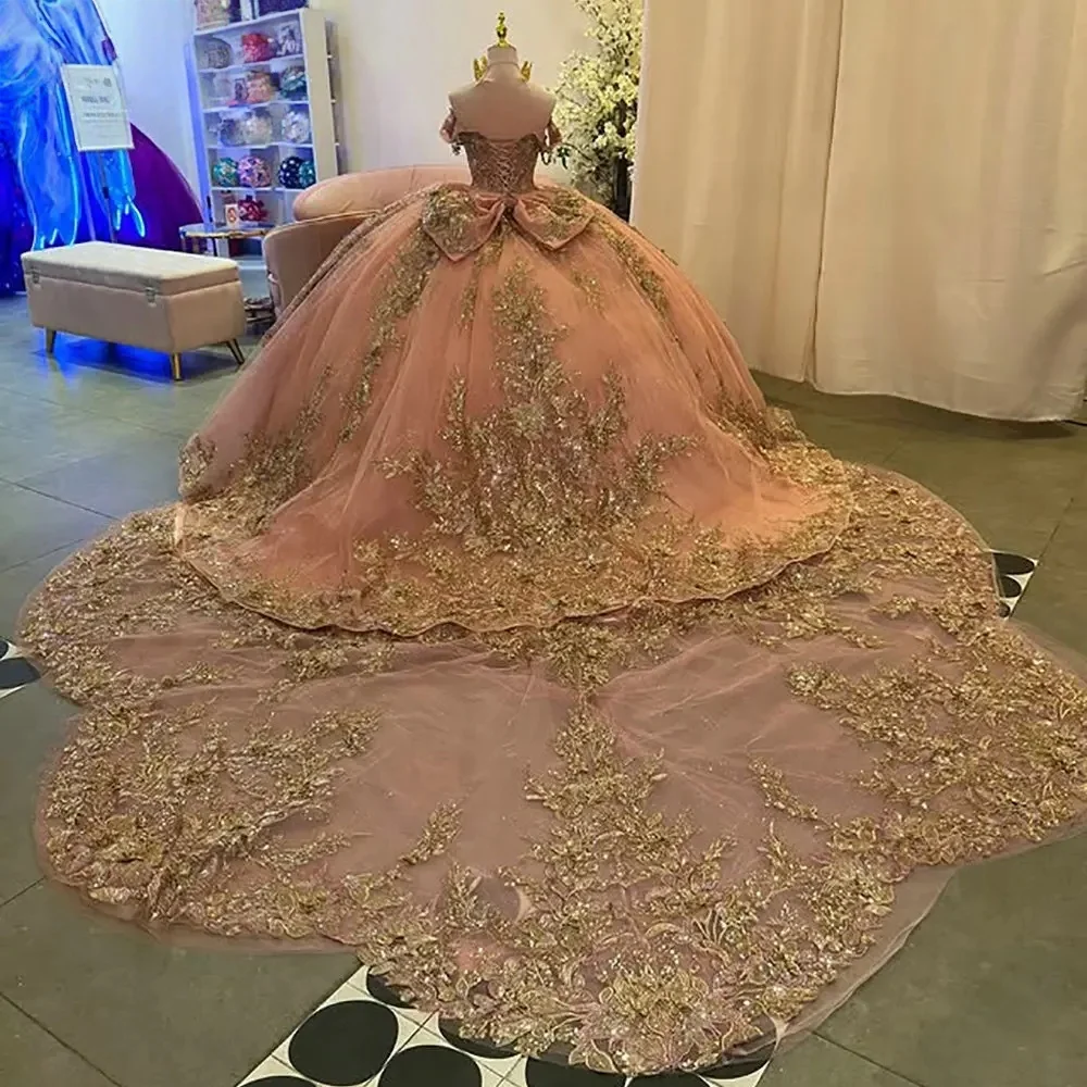 Pink Charro Quinceanera Dresses Ball Gown Off The Shoulder Appliques Puffy Mexican Sweet 16 Dresses 15 Anos Customized