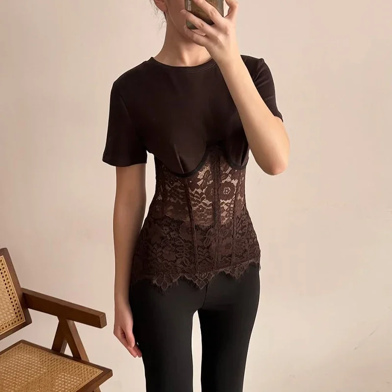 Chic Elegant Women's  Lace Trim Satin T-Shirt Long Sleeve Tops Self-Tie Waist Modest Blouse Casual Wear 2026 Spring Summer Outfi