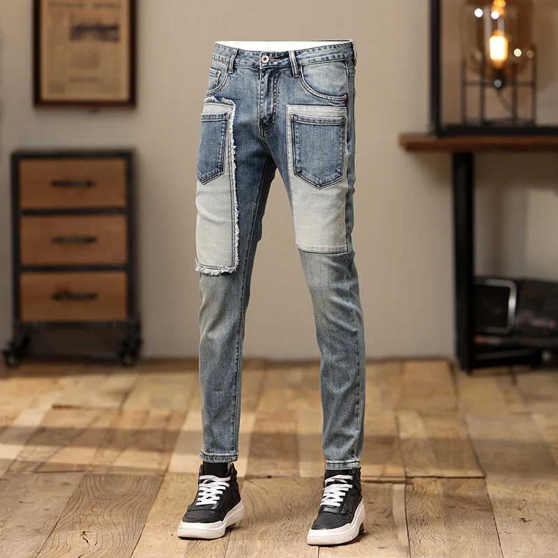 Street Fashion Men Jeans Retro Blue Stretch Skinny Fit Ripped Jeans Men Pocket Patched Designer Hip Hop Denim Pencil Pants Homme