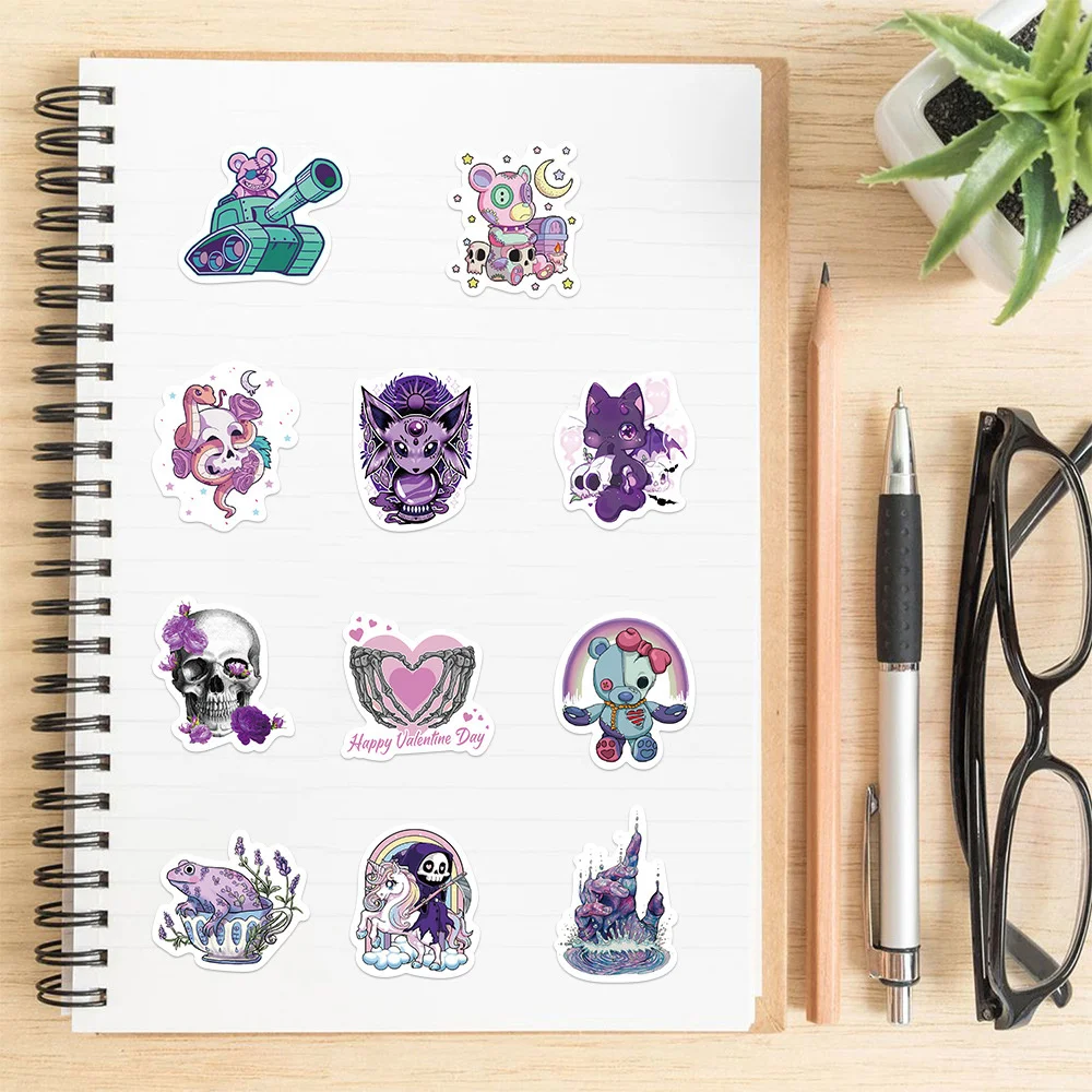 65pcs Cartoon Purple Gothic Stickers For Phone Suitcase Laptop Ipad Scrapbook Stationery Goth Sticker Scrapbooking Material