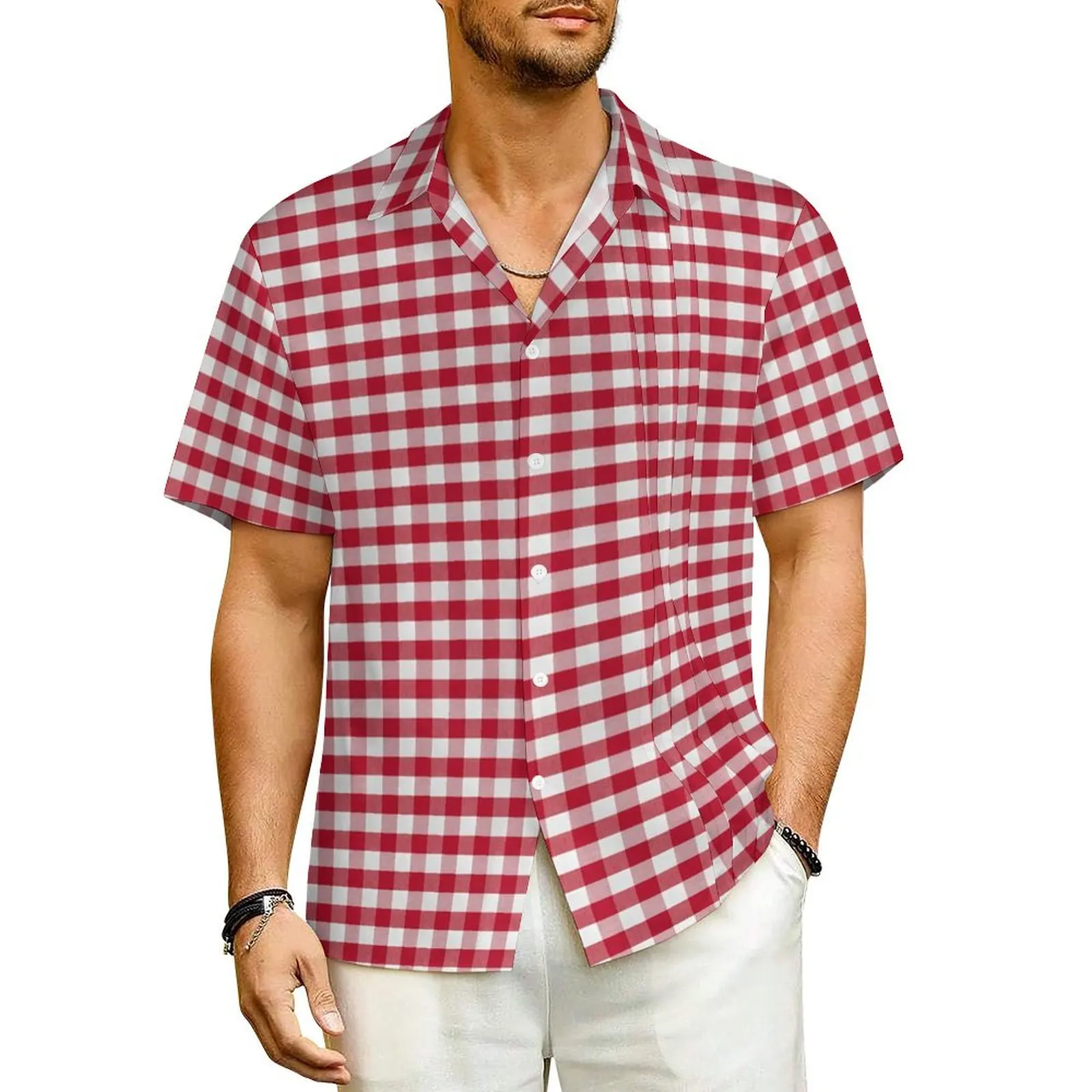 

Red Checkered Beach Shirt Gingham Plaid Print Hawaiian Casual Shirts Men Vintage Blouses Short-Sleeve Fashion Design Clothing