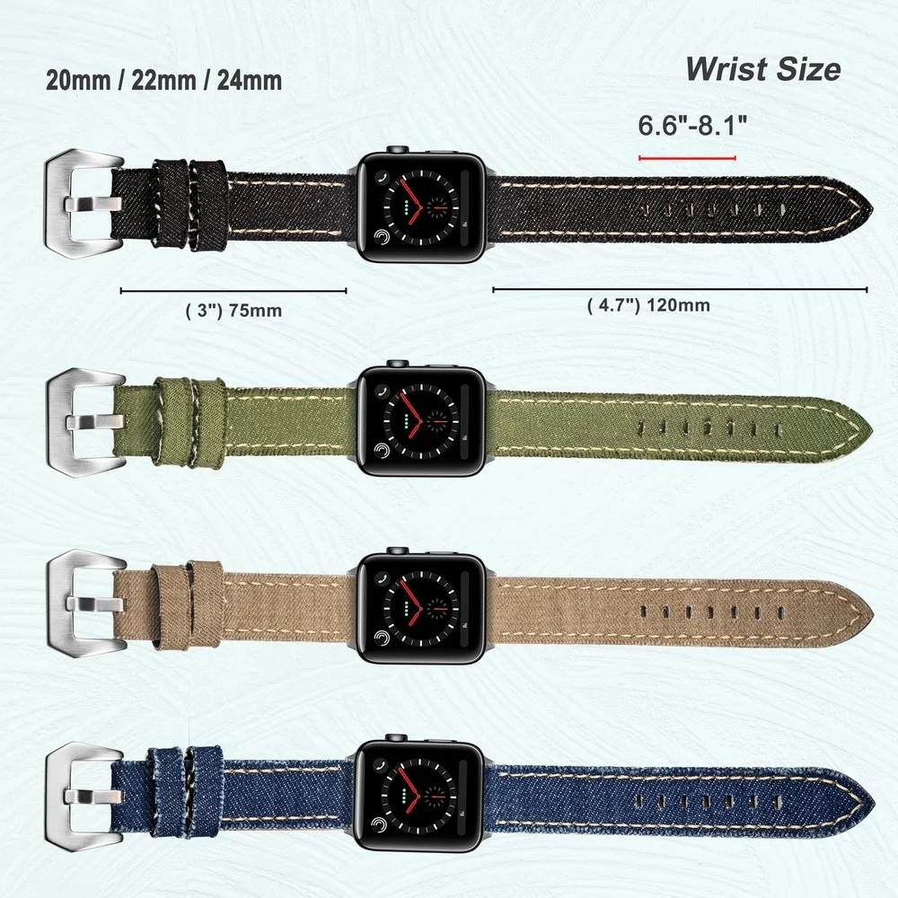 Hemsut Canvas Watch Bands Quick Release Premium Denim Green Two Pieces Watch Straps Matt Steel Buckle 20mm 22mm 24mm