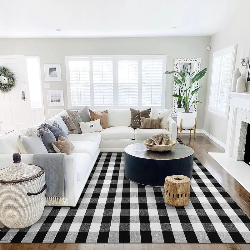 Plaid Teppich schwarz und weiß kariert wasch bar Außen terrasse Baumwolle für Teppich für Wohnzimmer Esszimmer Schlafzimmer Bauernhaus Matte