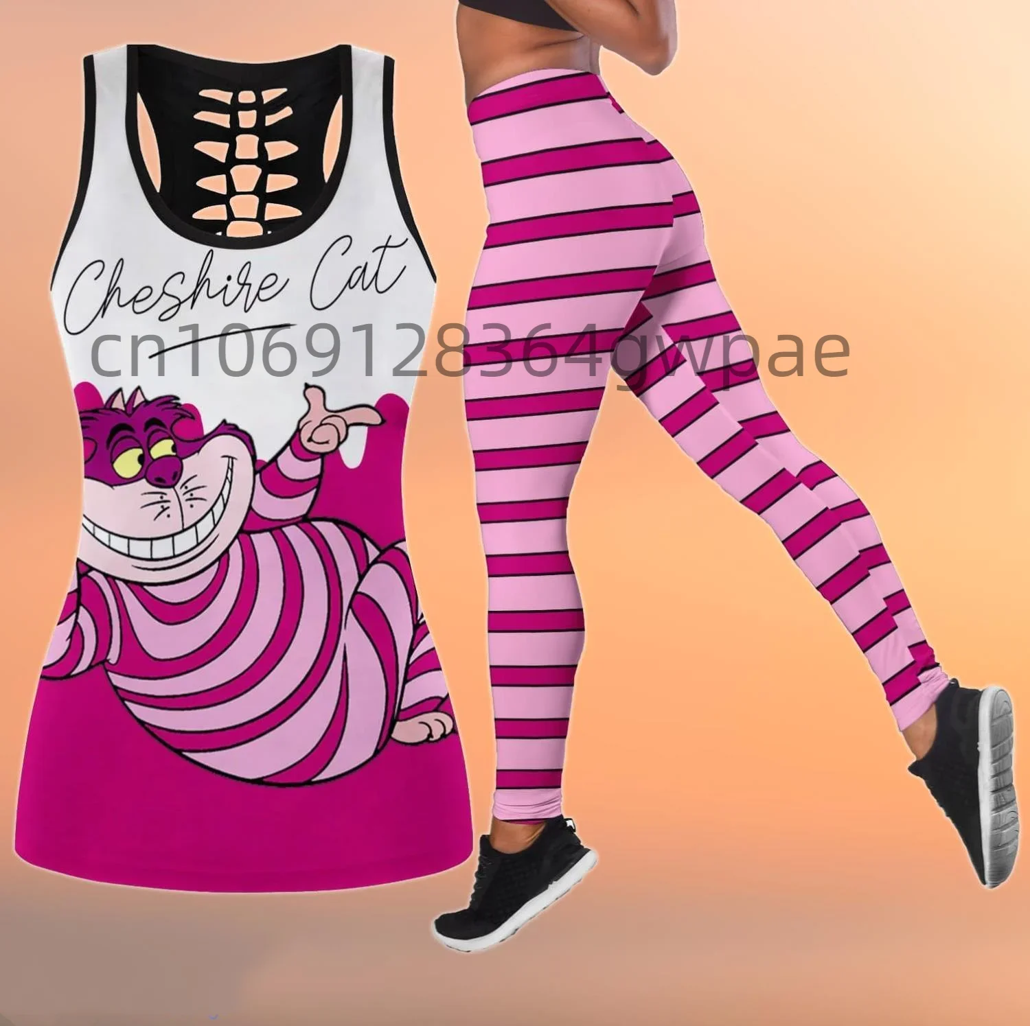 

Cheshire Cat Women's Cutout Tank Top Leggings Yoga Set Summer Fitness Leggings Tracksuit Disney Hollow Tank Top Leggings Set