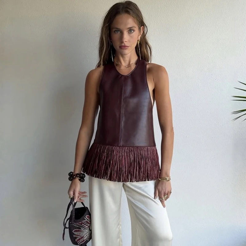 

TARUXY Women's Sleeveless Coat Crew Neck Backless Sexy Spice Girl Leather Tassel Vest Top 2026 Summer New Female High Street Top