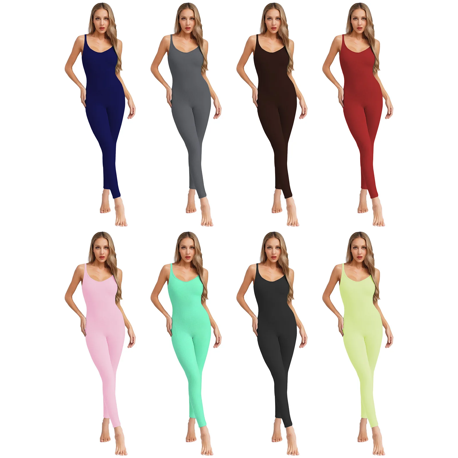 

Women's Sleeveless Ribbed Jumpsuit Adjustable Spaghetti Straps Yoga Athletic Bodysuit Full Body Leotard Gym Running Sportswear
