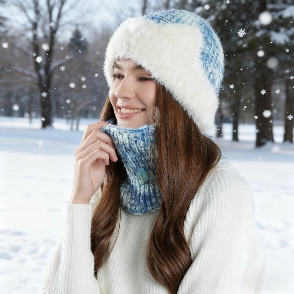 Warm Multicolor Knitted Beanie with Soft Faux Fur Brim Matching Snood Neck Warmer Set for Women Cozy Winter Accessories