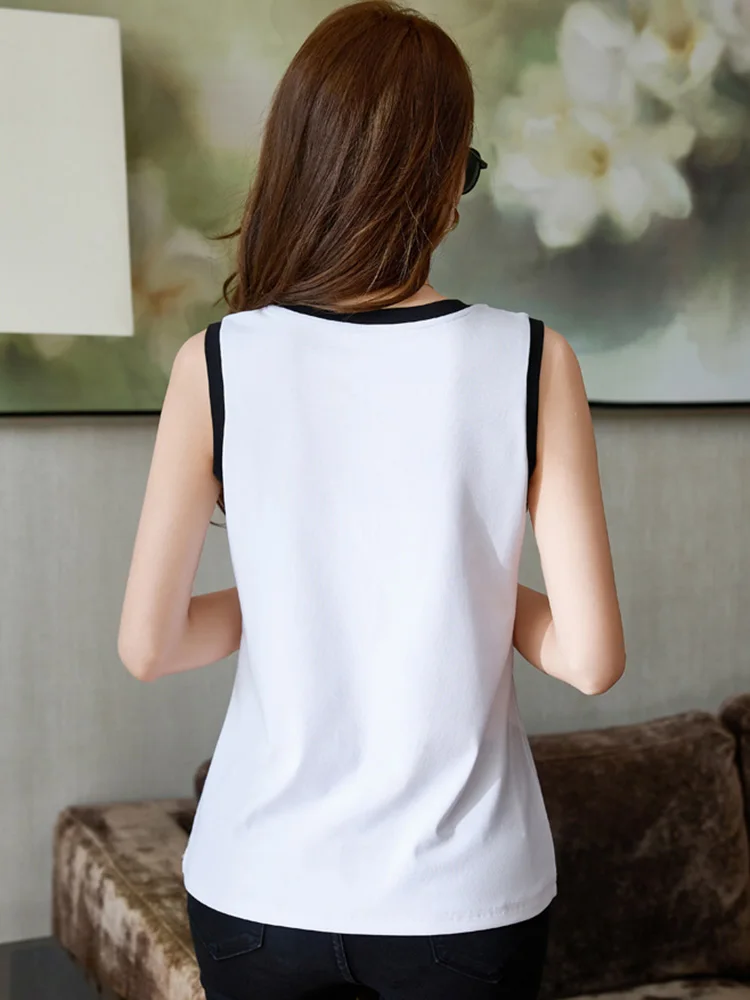 New Women Summer Sleeveless T-shirt Fashion Patchwork Contrast Color O-Neck Loose Tank Tops Casual Simplicity Basic Black Vest