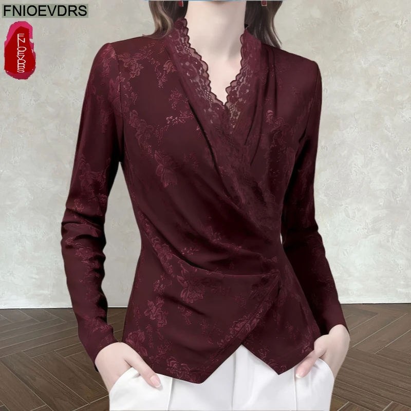 

Женские модные офисные блузки с V-образным вырезом и кружевными вставками, с длинным рукавом, из ребристого трикотажа, эластичные, облегающие, пуловеры
