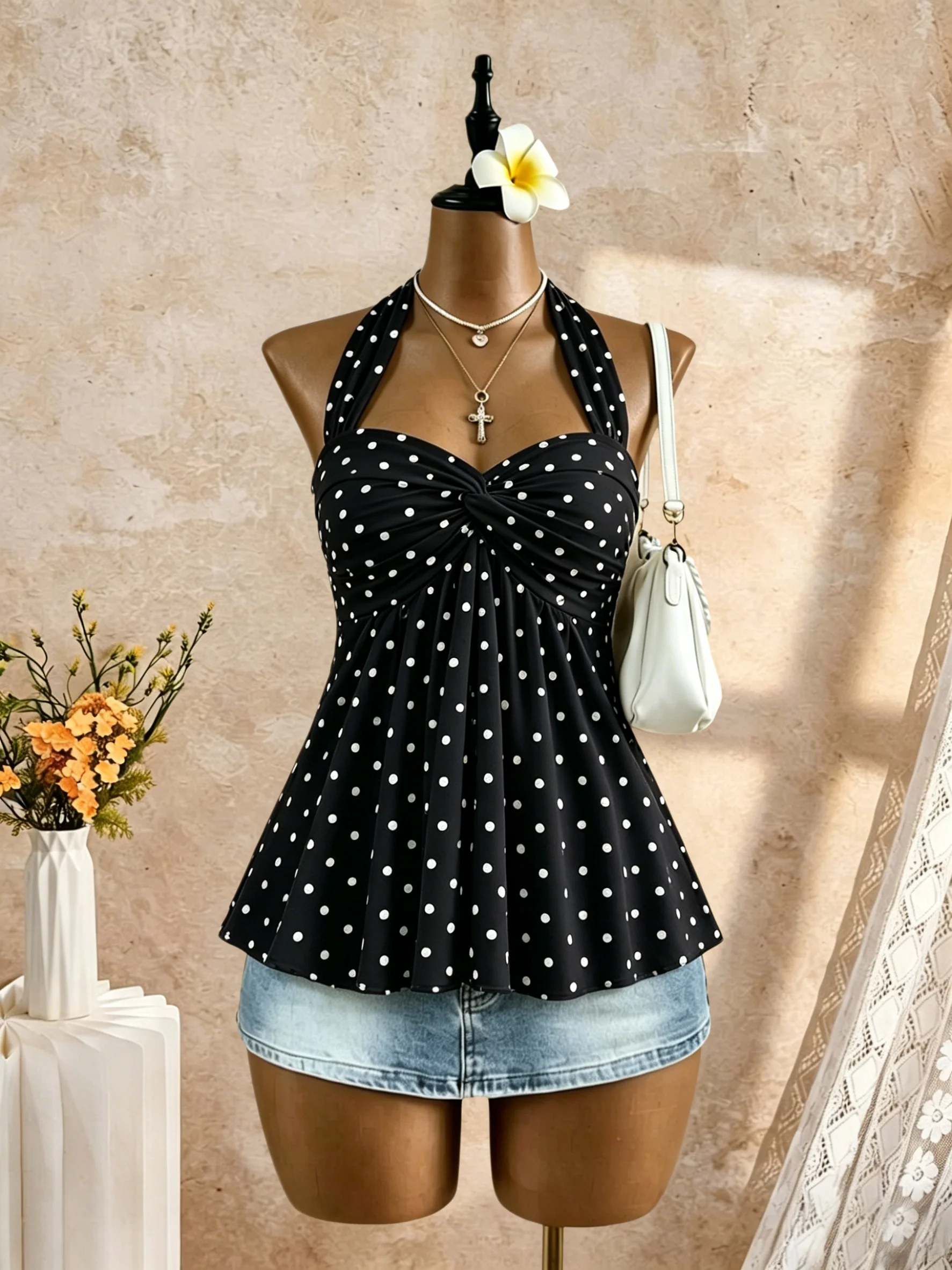 Damen Neckholder-Tanktop mit Twist-Front und Sweetheart-Ausschnitt, ausgestelltes Peplum-Design, Sommer 2026, Y2K, weich, einfarbig, für Strandurlaub, ärmellos – Detail 5