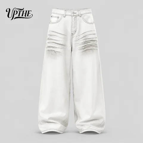UP.THE Men White Gradient Washed Crinkle Baggy Wide Leg Jeans, Y2K Oversized Loose Distressed Denim Pants, Grunge Streetwear Trousers for Daily Outfits