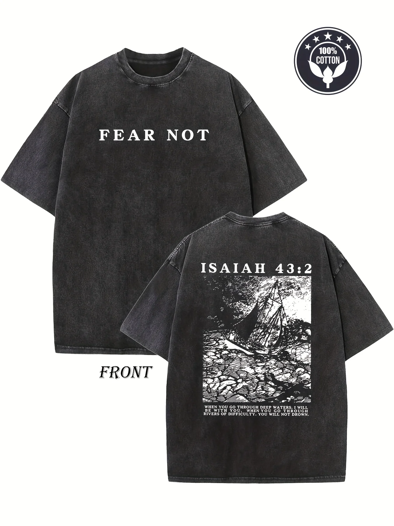 

Double sided printing of Christian Bible scripture patterns, vintage washed cotton men's T-shirt, short sleeved top streetwear