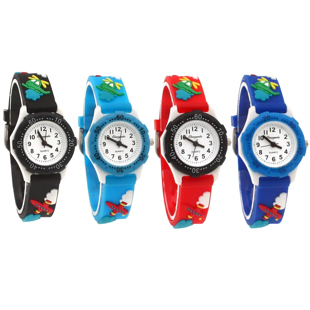 Kids Children Girls Boys Students Plane Colourful Silicone Watches Cartoon Birthday Party Gift Quartz Watch Clock Casual