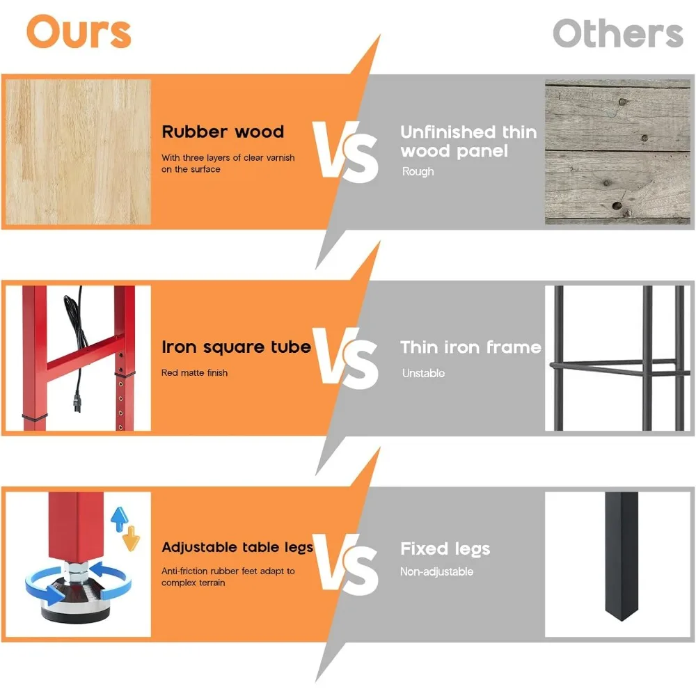 Adjustable Heavy-Duty Workbench 44x20 with Power Outlets, 2000 LB Capacity, Solid Rubberwood Top, Ideal for Garage Use